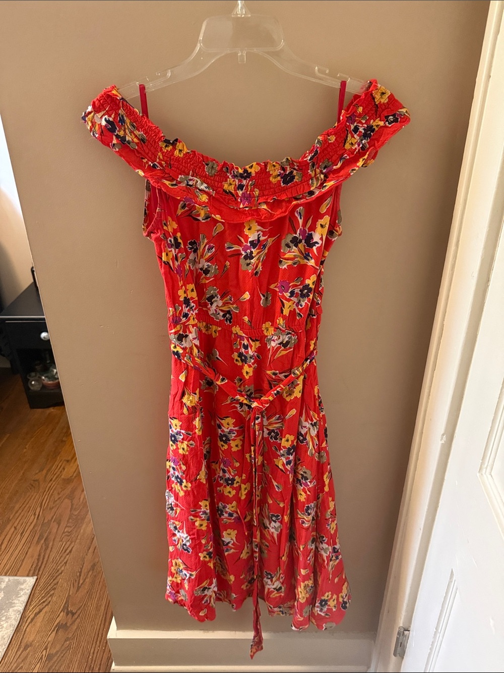 Anthropologie womens Red Floral Off-Shoulder Midi Dress